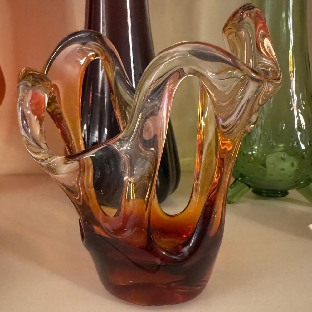 VTG Makora Krosno Jozefina Style Art Glass Poland Amber Freeform Cutout Vase 80s